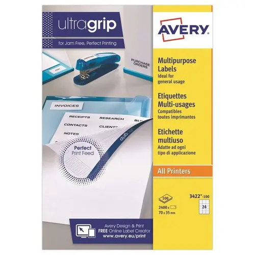 100 planches de 24 étiquettes blanches multi-usages -70x35mm - AVERY