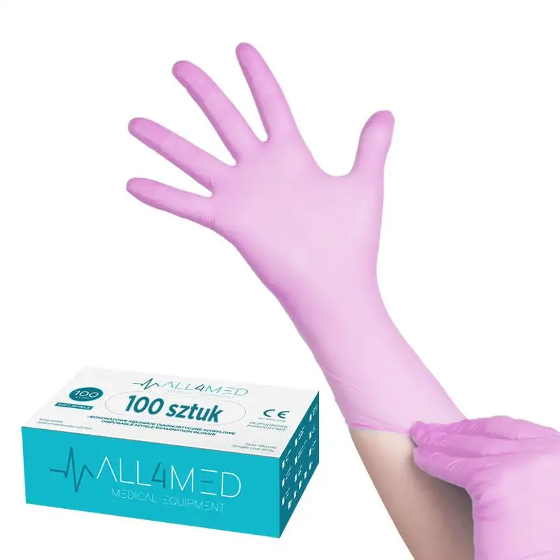 Gants diagnostiques en nitrile jetables All4med rose m