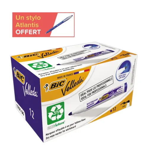 12 Marqueurs BIC Velleda 1701- Pointe ogive pour tableaux blancs + 1 stylo Atlantis bleu offert