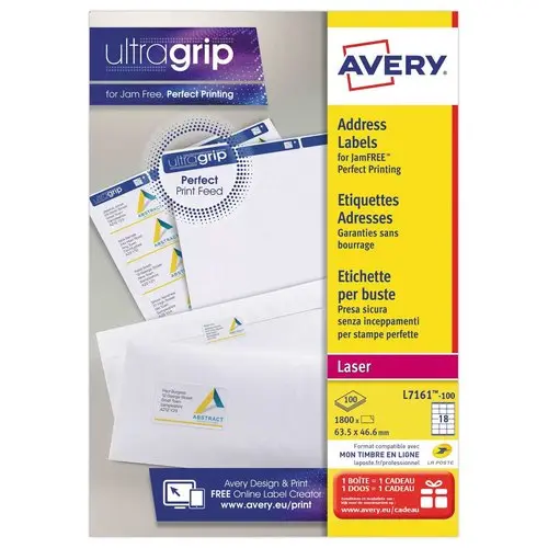 100 Planches de 18 étiquettes pour imprimantes laser - 63,5 x 46,6 mm - AVERY