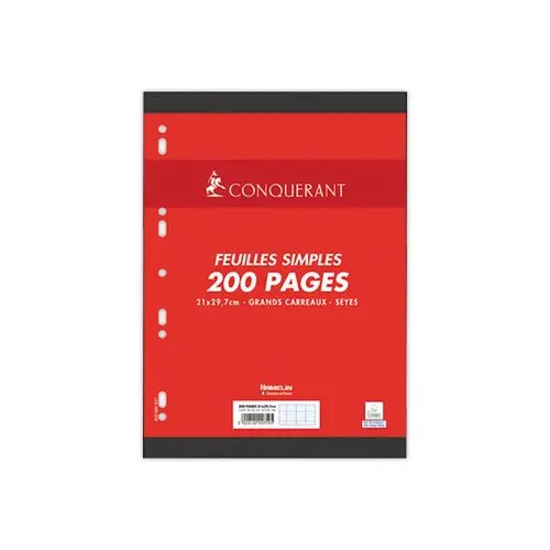 100 Copies simples perforées (200 pages) - A4 - Réglure Seyès - CONQUERANT