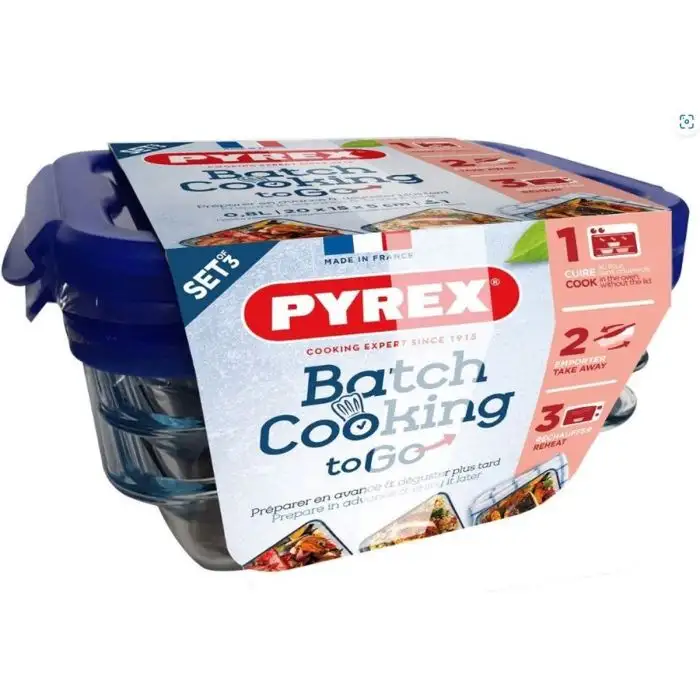 Pyrex 3-delige Set Rechthoekige Ovenschaal met Plastic Vershouddeksel Cook&Go 0,8l - 20x15cm