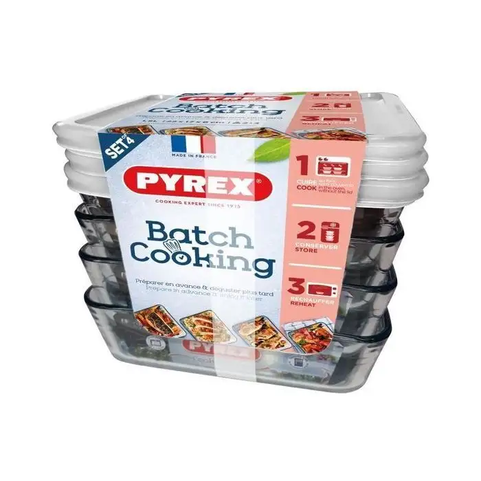 Pyrex Rechthoekige Ovenschaal met Plastic Vershouddeksel Cook&Freeze 23x18cm - 4 stuks