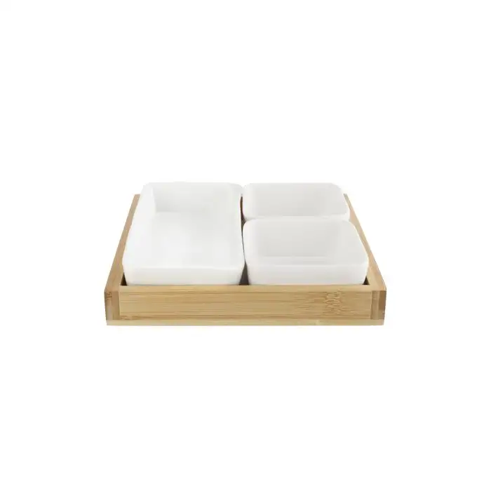 Acacia Planche Apero Avec 3 Cups Ceramiq Ue 19,4x19,4xh2,5cm Bambou