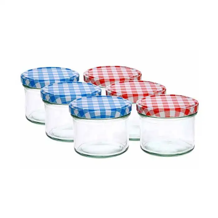 Confiturier Set6 Transparent 23cl D8,5cm Couvercles: 3xbleu/blanc + 3xrouge/blan