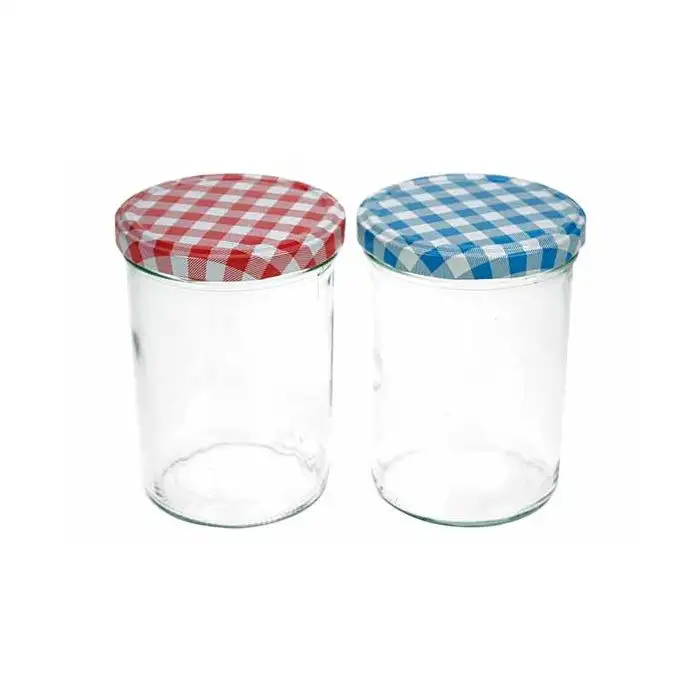Confiturier Set6 Transparent 44cl D8,5cm Couvercles: 3xbleu/blanc + 3xrouge/blan