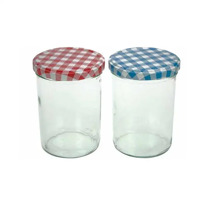 Confiturier Set3 Transparent 44cl D8,5cm Couvercles: 3x Bleu/blanc Ou Rouge/blan